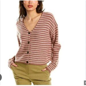 Theory Sweater Womens P Brown Pink Stripe Box Cardi Cashmere Cropped Cardigan